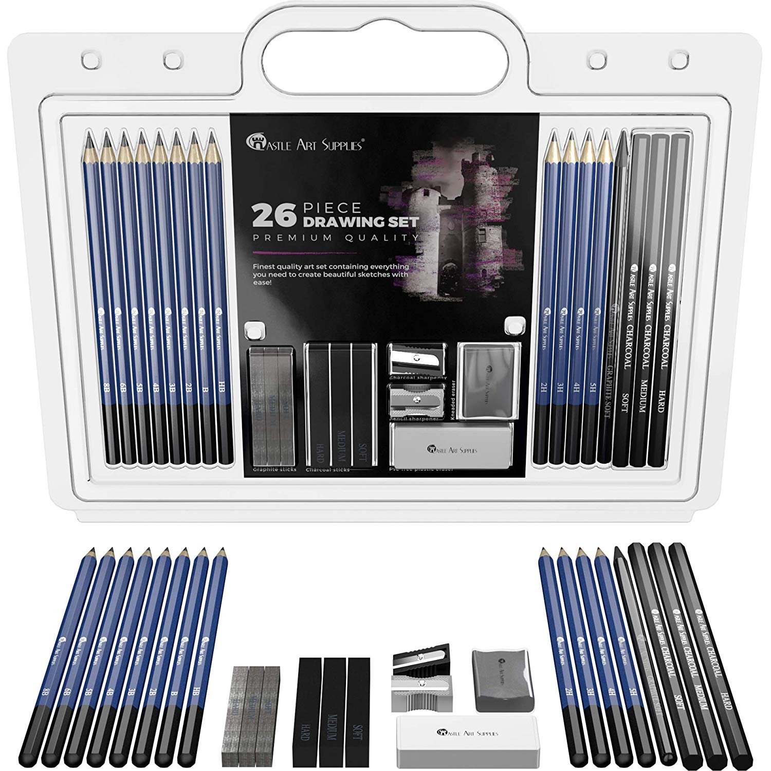 CASTLE ART SUPPLIES 26 PIECE DRAWING AND SKETCHING PENCIL ART SET