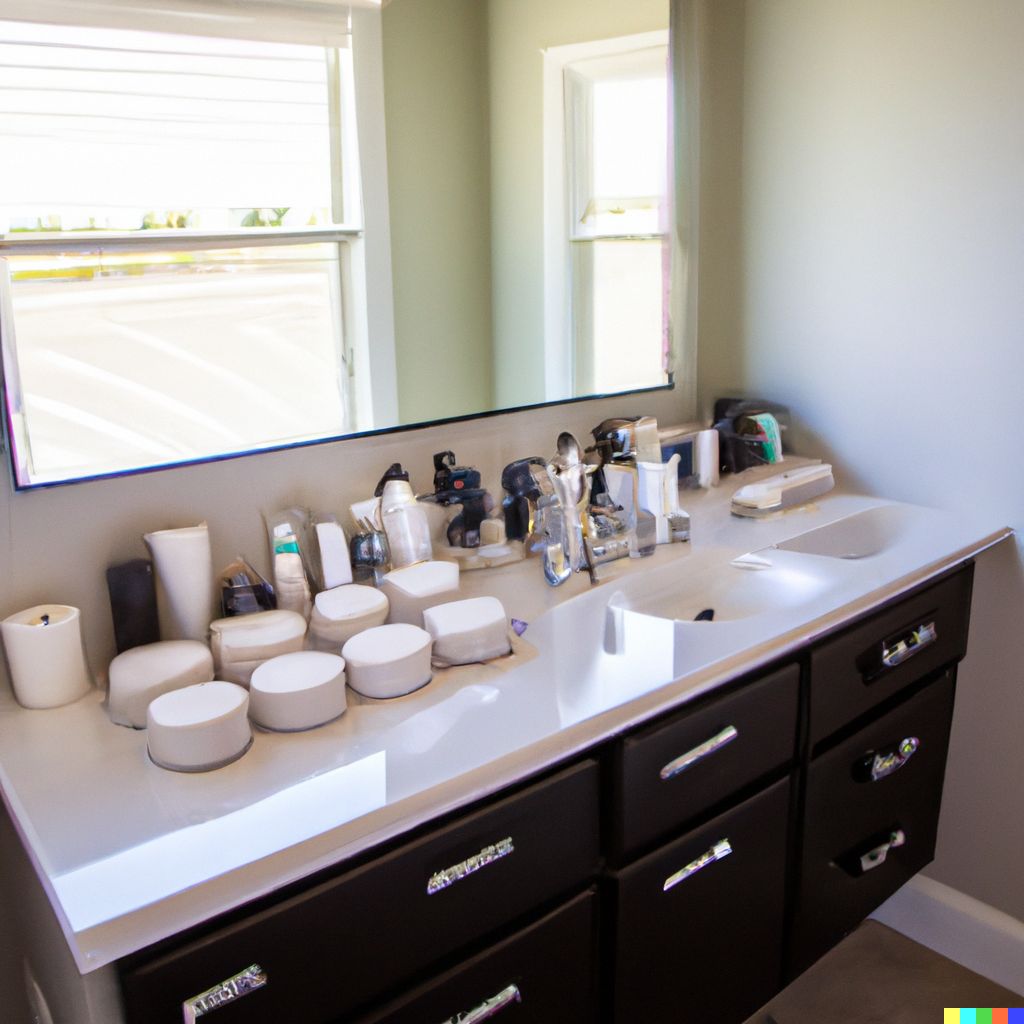 sleek modern bathroom, vanity is well organized with trays